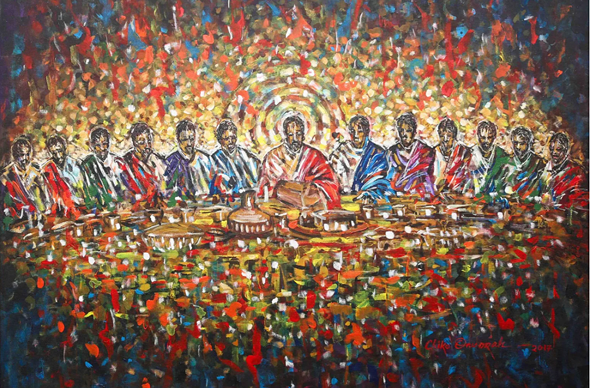 African art painting of The Last Supper by Chike Onuorah, featuring vibrant colors and expressive brushwork symbolizing faith, emotion, and divine light.