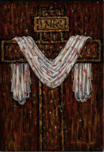 African art painting of a cross draped in white cloth by Chike Onuorah, symbolizing resurrection, divine grace, and spiritual renewal.