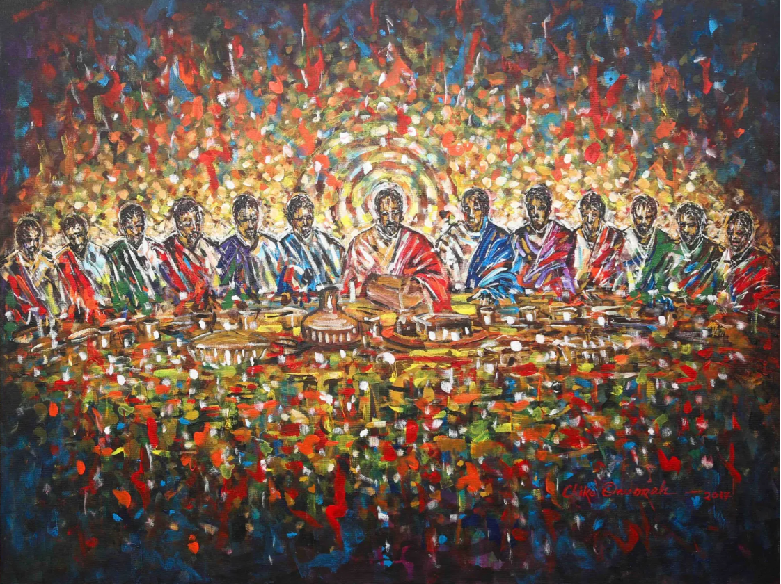 African art painting of The Last Supper by Chike Onuorah, featuring vibrant colors and expressive brushwork symbolizing faith, emotion, and divine light.
