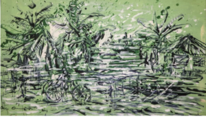 A vibrant green African painting by Chike Onuorah, depicting a rural scene with palm trees and huts, exhibited at Ovico Gallery to convey cultural identity and artistic depth. 