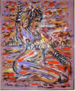 African art painting of a kneeling woman by Chike Onuorah, expressing strength, healing, and transformation through vivid color and emotion.
